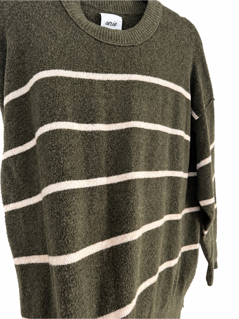 Aerie Olive Green Ivory Stripe Oversize Crewneck Sweater Neutral Cabin Granola M - Picture 6 of 10